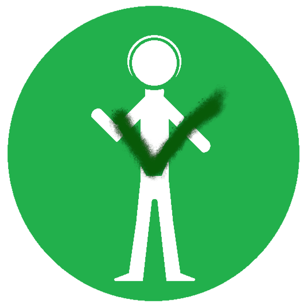 The Aletheia mark: a person standing with both arms raised, with a green check painted across them by hand